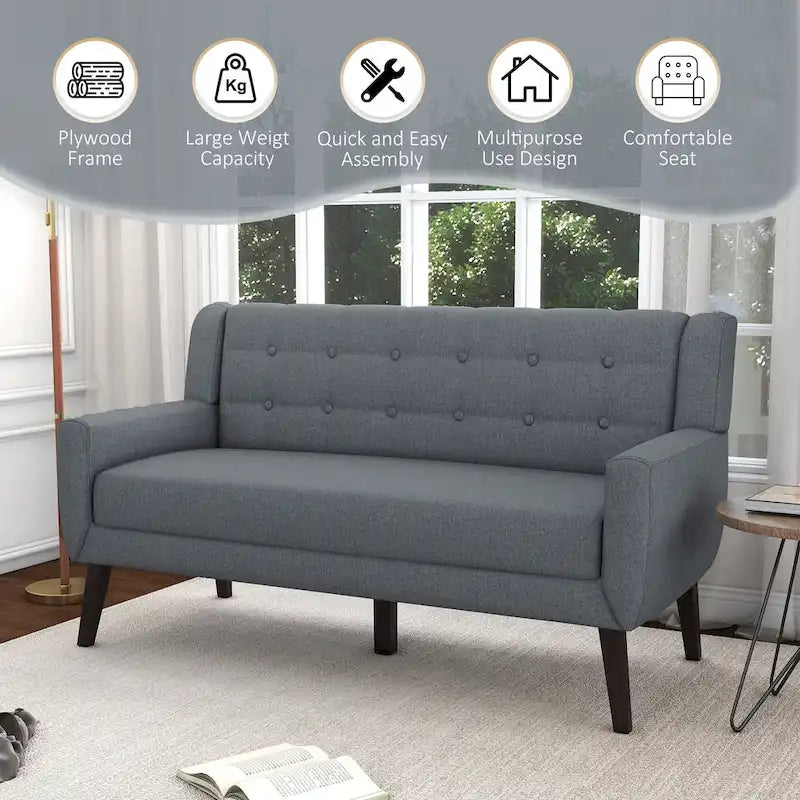 Modern Curved 63  Button Tufted Upholstered Loveseat with 2 Pillows