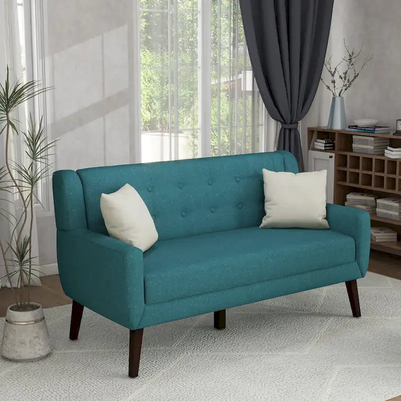 Modern Curved 63  Button Tufted Upholstered Loveseat with 2 Pillows