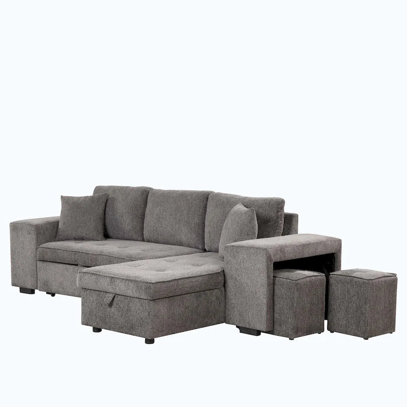 Modern L-Shape 3 Seat Reversible Sectional Couch,with Storage Chaise and 2 Stools
