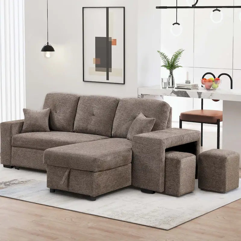 Modern L-Shape 3 Seat Reversible Sectional Couch,with Storage Chaise and 2 Stools