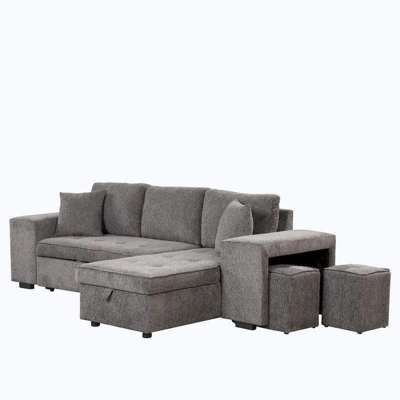 Modern L-Shape 3 Seat Reversible Sectional Couch,with Storage Chaise and 2 Stools
