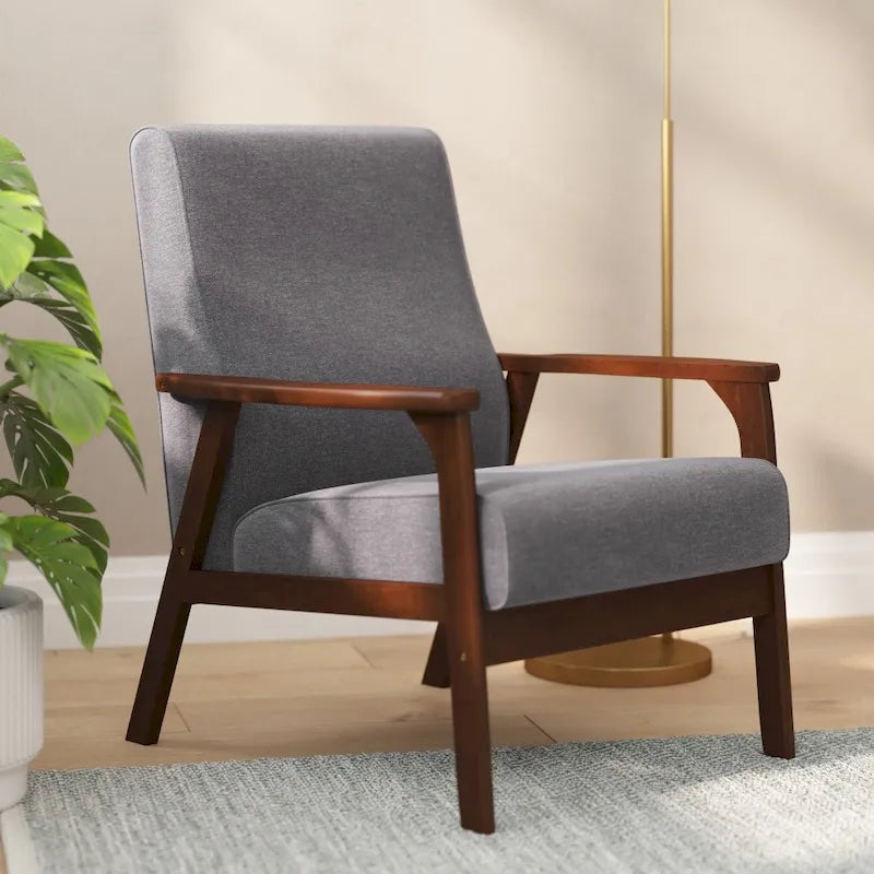Mid-Century Modern Armchair with Wooden Frame and Faux Leather Cushions