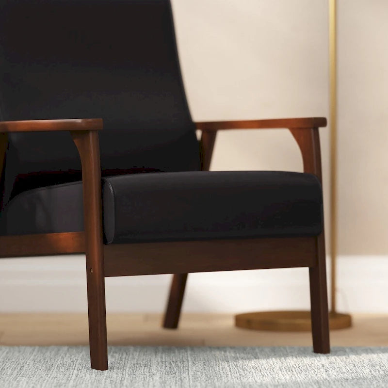 Mid-Century Modern Armchair with Wooden Frame and Faux Leather Cushions