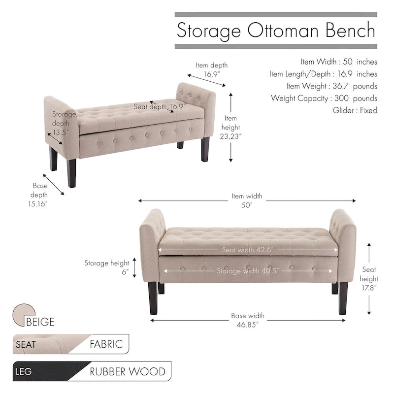 Porthos Home Inari Fabric Flip Top Storage Ottoman Bench with Rubberwood Legs