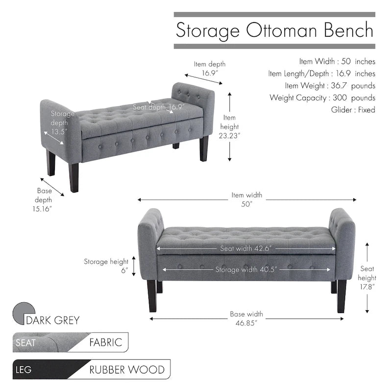 Porthos Home Inari Fabric Flip Top Storage Ottoman Bench with Rubberwood Legs