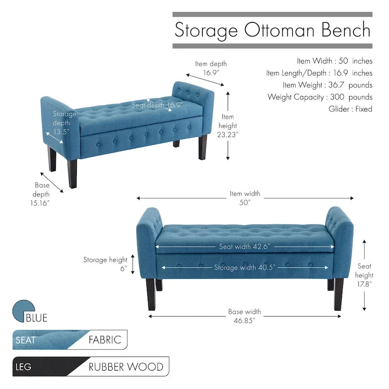 Porthos Home Inari Fabric Flip Top Storage Ottoman Bench with Rubberwood Legs