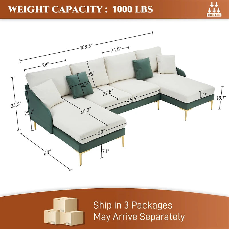Ouyessir U-Shape Sectional Sofa 4-Seat Couch with Double Chaise Lounge