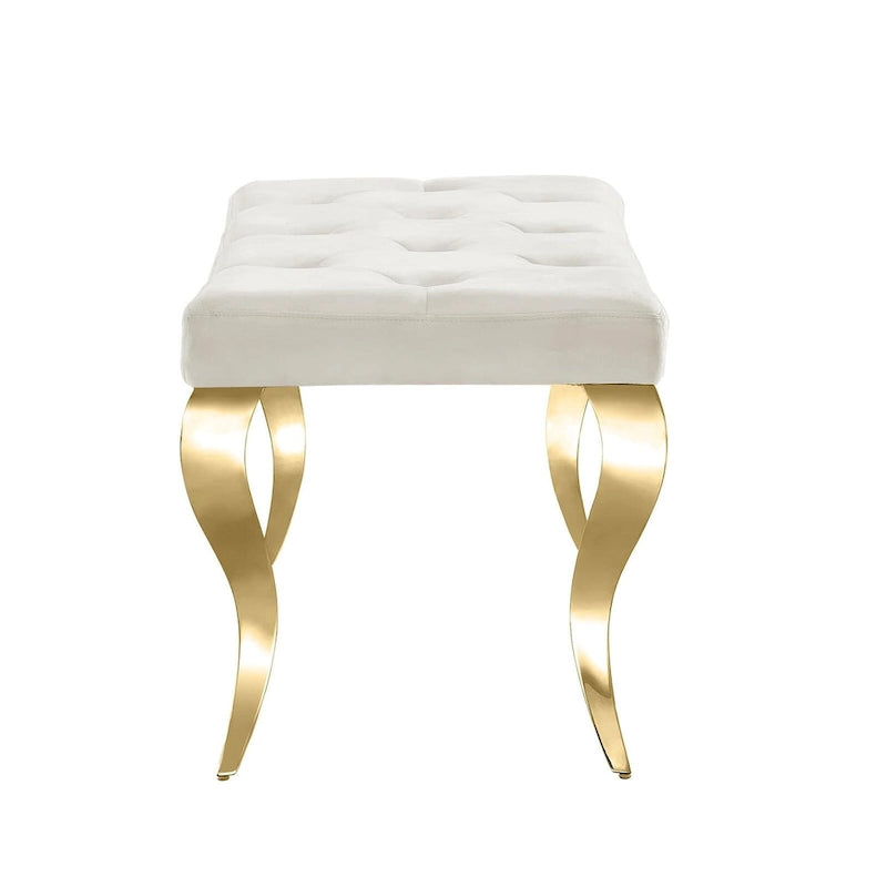 Luxury Velvet Bench Button Tufted Upholstered Dining Bench with Polished Metal Legs