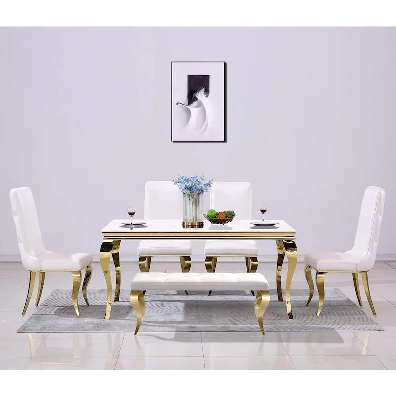 Luxury Velvet Bench Button Tufted Upholstered Dining Bench with Polished Metal Legs