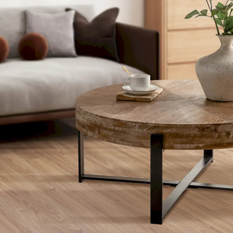 31 W Round Coffee Table With Fir Wood Table Top and Metal Frame End Table