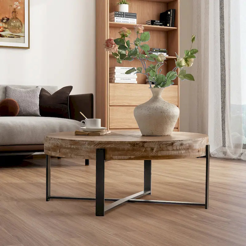 31 W Round Coffee Table With Fir Wood Table Top and Metal Frame End Table