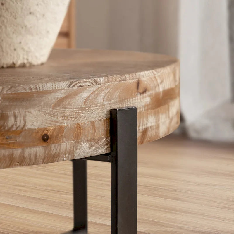 31 W Round Coffee Table With Fir Wood Table Top and Metal Frame End Table