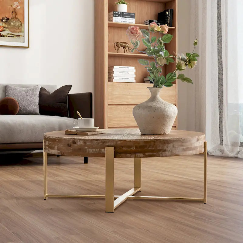 31 W Round Coffee Table With Fir Wood Table Top and Metal Frame End Table