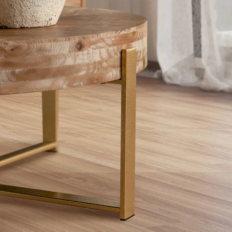31 W Round Coffee Table With Fir Wood Table Top and Metal Frame End Table