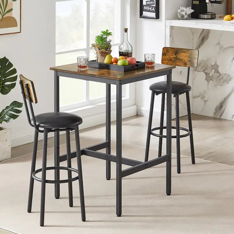 Mieres Industrial Style Rustic Farmhouse 3 Pieces Dining Table Set, Bar Table Set with 2 Bar Stools for Kitchen, Dining Room