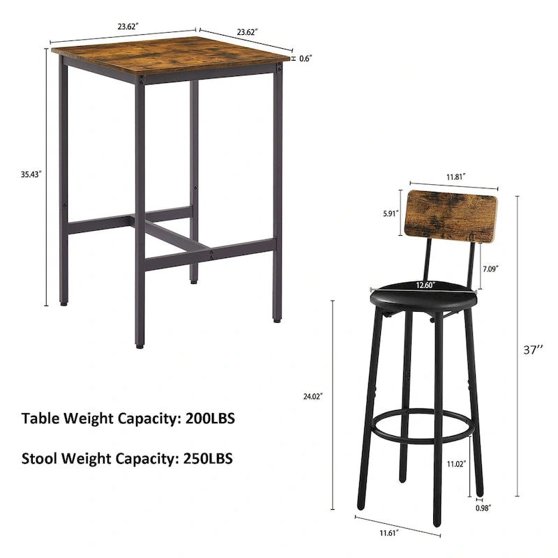 Mieres Industrial Style Rustic Farmhouse 3 Pieces Dining Table Set, Bar Table Set with 2 Bar Stools for Kitchen, Dining Room