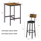 Mieres Industrial Style Rustic Farmhouse 3 Pieces Dining Table Set, Bar Table Set with 2 Bar Stools for Kitchen, Dining Room