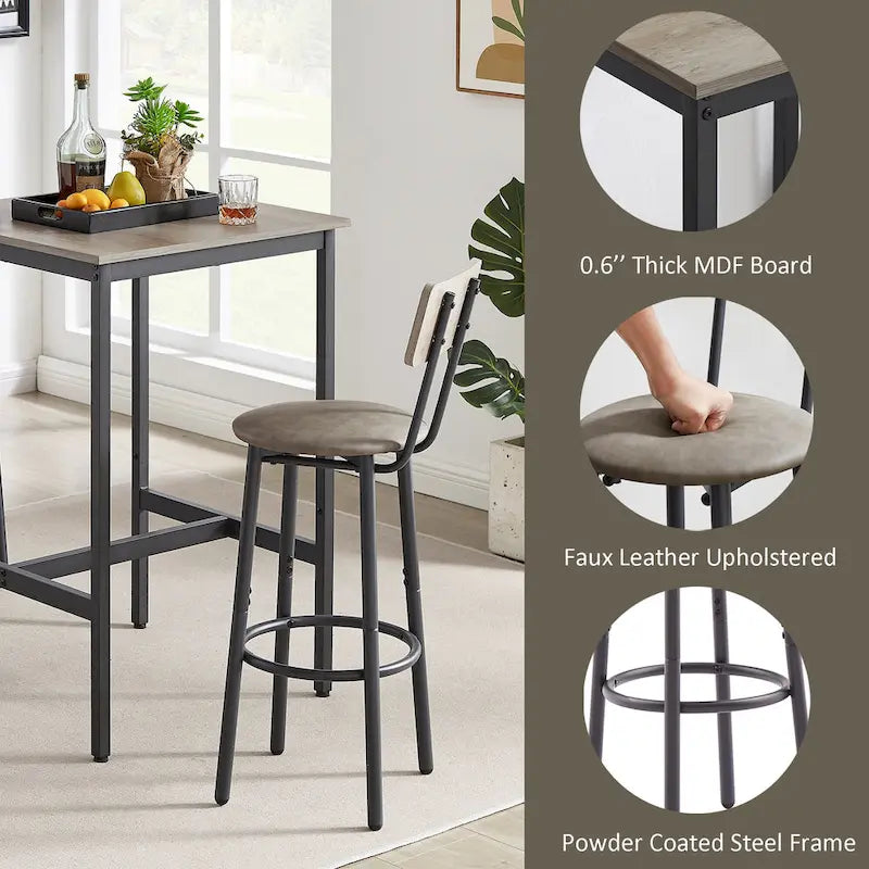 Mieres Industrial Style Rustic Farmhouse 3 Pieces Dining Table Set, Bar Table Set with 2 Bar Stools for Kitchen, Dining Room