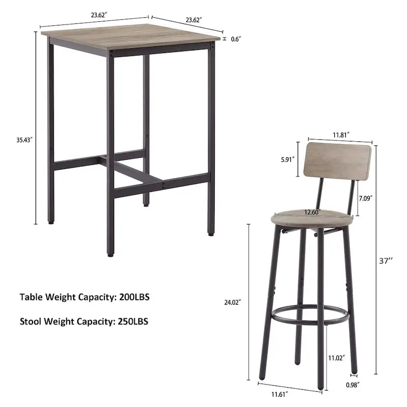 Mieres Industrial Style Rustic Farmhouse 3 Pieces Dining Table Set, Bar Table Set with 2 Bar Stools for Kitchen, Dining Room