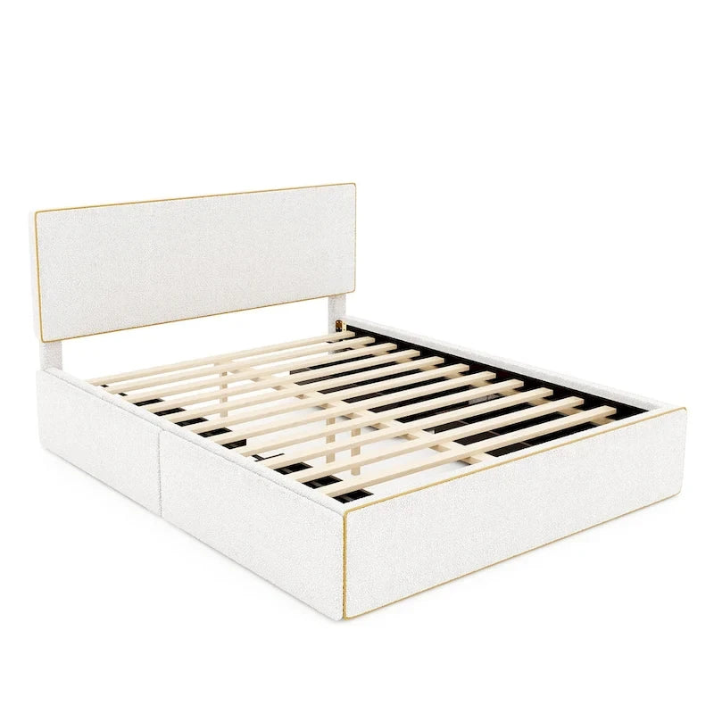 Upholstered Platform Bed with 4 Drawers and Golden Edge