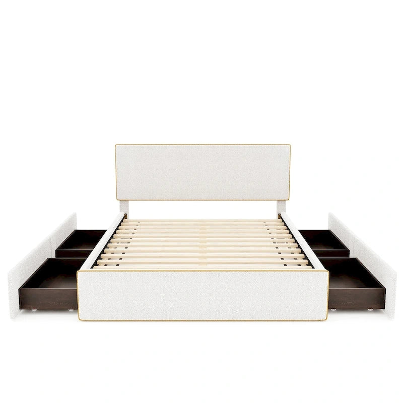 Upholstered Platform Bed with 4 Drawers and Golden Edge