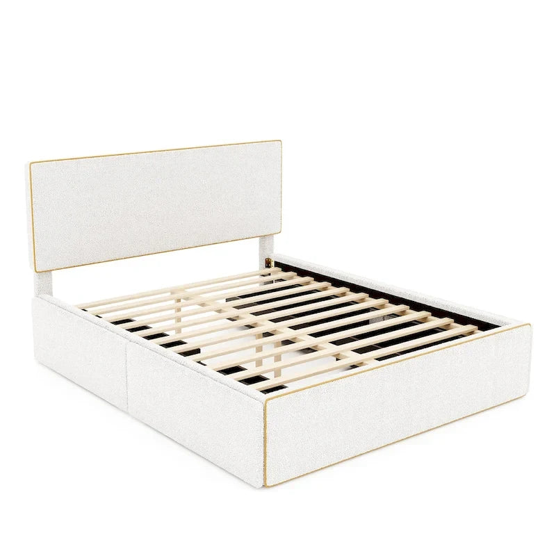 Upholstered Platform Bed with 4 Drawers and Golden Edge