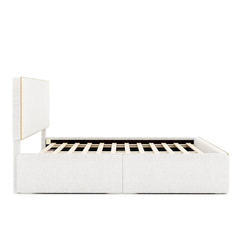 Upholstered Platform Bed with 4 Drawers and Golden Edge