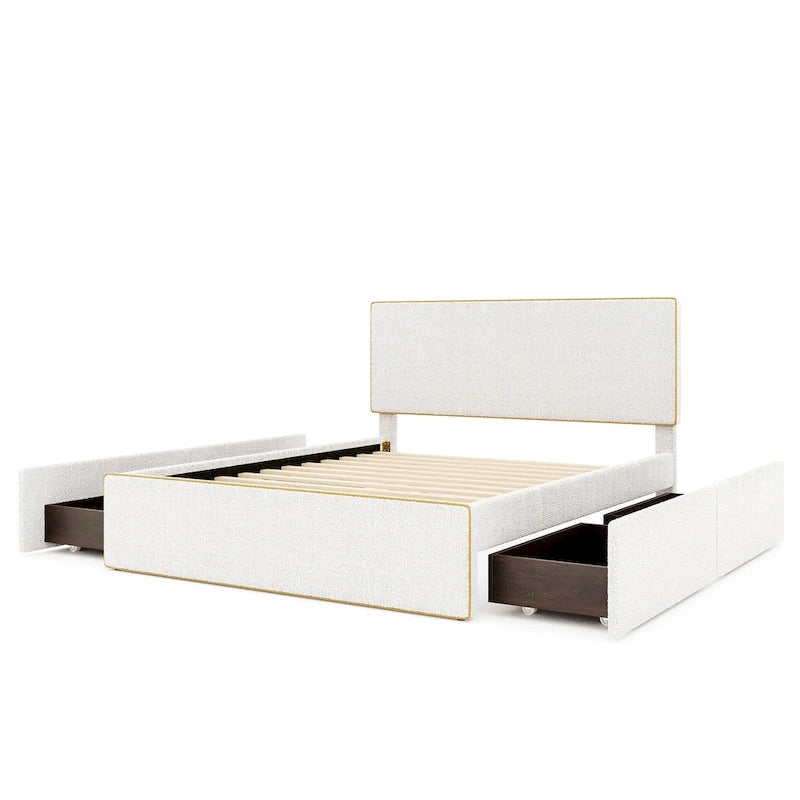 Upholstered Platform Bed with 4 Drawers and Golden Edge