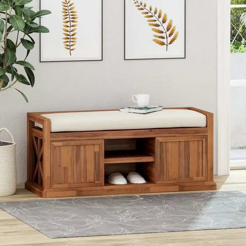 Cantebella Modern Acacia Wood Storage Bench with Cushion by Christopher Knight Home