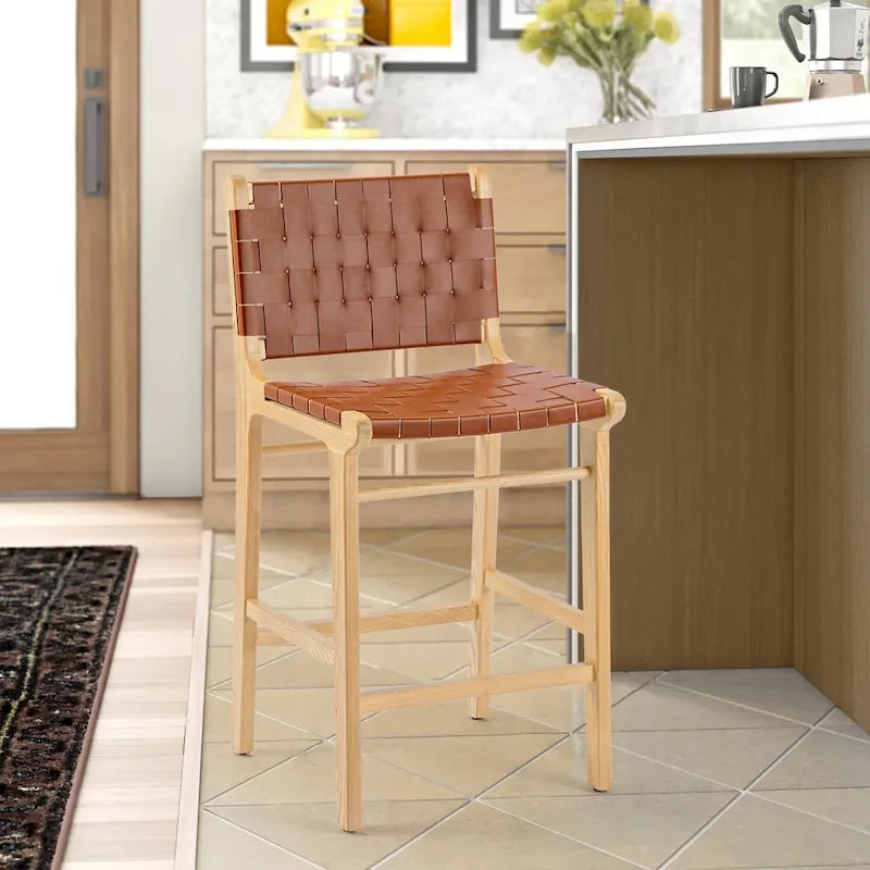 Fully Assembled Woven Leather Counter Height Bar Stools - 18.9W x 18.9D x 38.2H