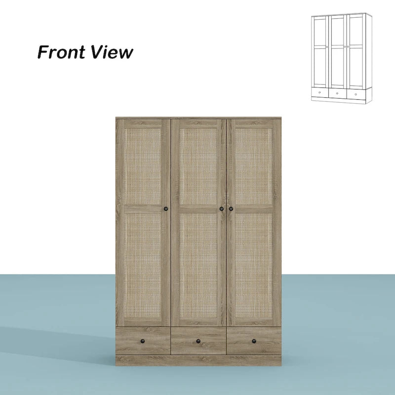 Natural Charm Wooden Armoire - Breathable Rattan Design Ample Storage