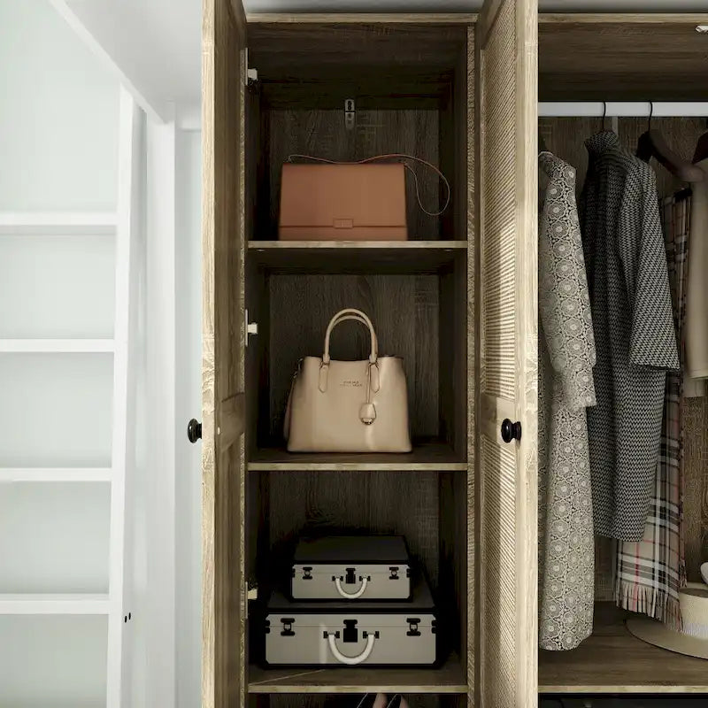 Natural Charm Wooden Armoire - Breathable Rattan Design Ample Storage