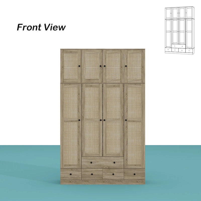Natural Charm Wooden Armoire - Breathable Rattan Design Ample Storage