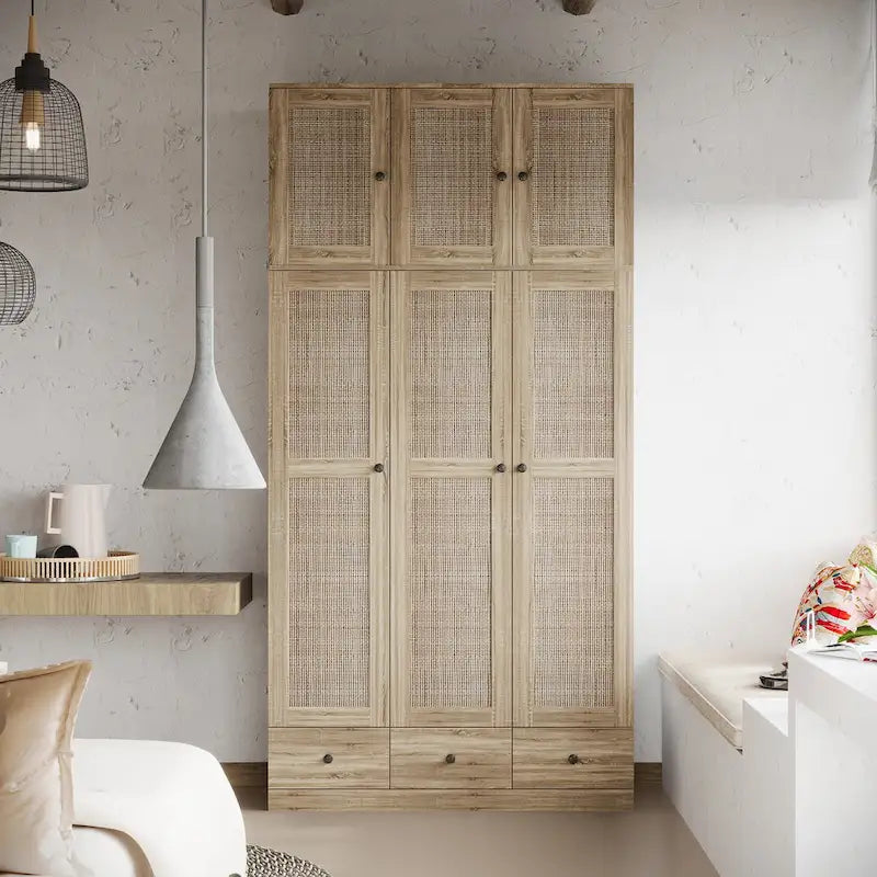 Natural Charm Wooden Armoire - Breathable Rattan Design Ample Storage