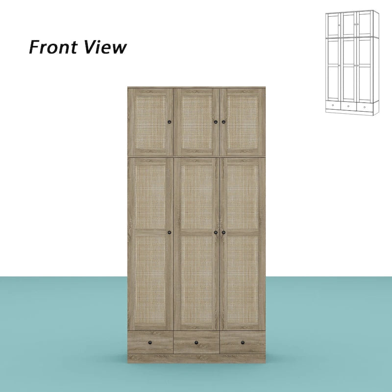 Natural Charm Wooden Armoire - Breathable Rattan Design Ample Storage