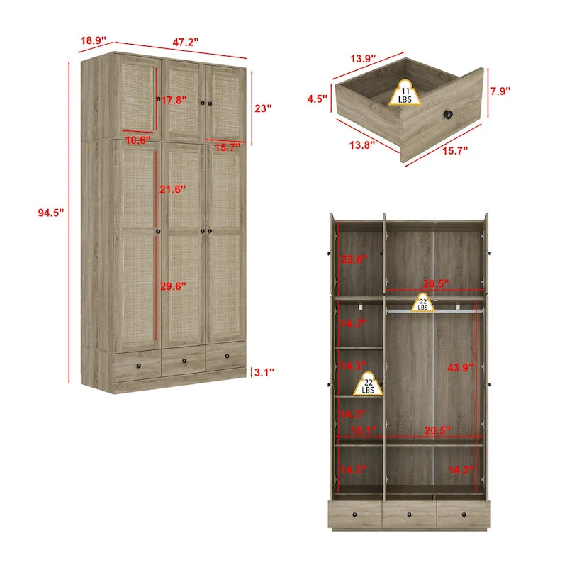 Natural Charm Wooden Armoire - Breathable Rattan Design Ample Storage