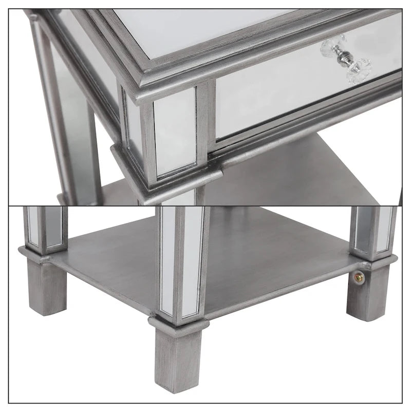Mirrored Bedside Nightstand Glass Side V Table Silver with Drawer
