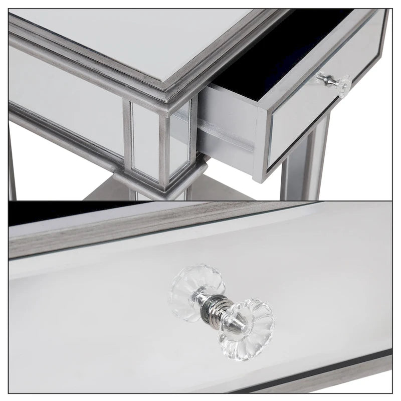 Mirrored Bedside Nightstand Glass Side V Table Silver with Drawer
