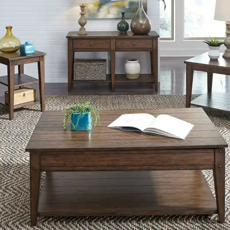 Lake House Rustic Brown Oak Tiered Table - W48 x D18 x H29