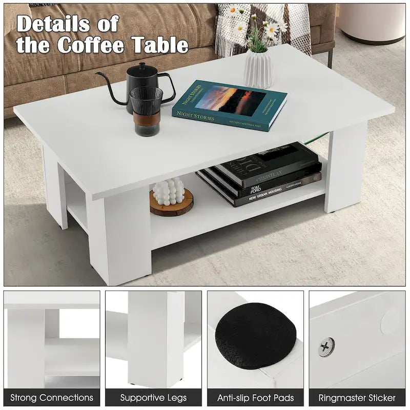 36inch Wood Coffee Table w Storage Shelf 2 Tier Large Modern Tea Table