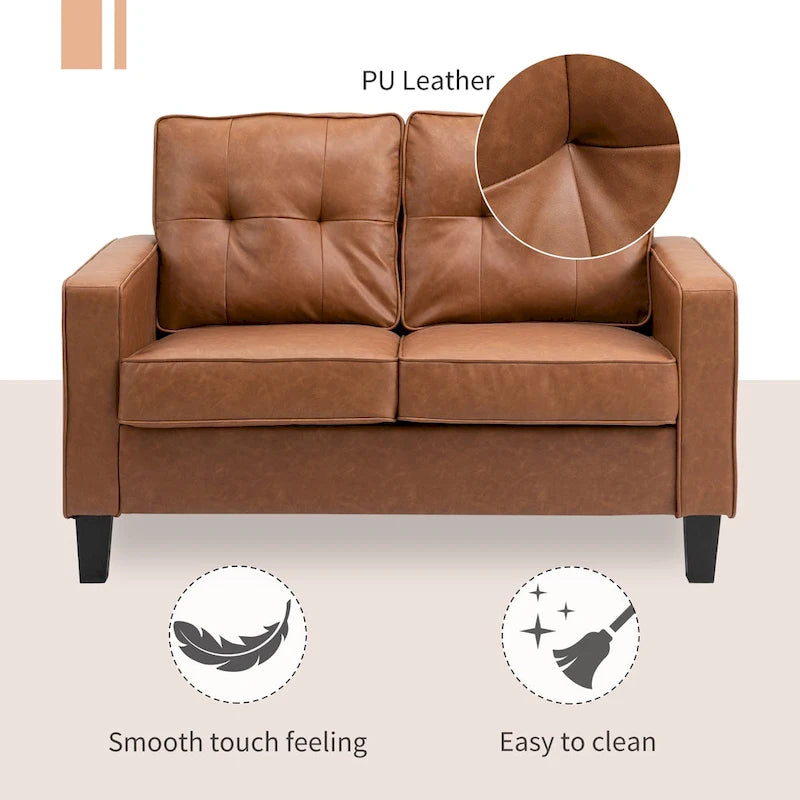 HOMCOM 51  Wide Double Sofa with Armrest, 2-Seater Tufted PU Leather and Pocket Spring Sponge Padded Cushion, Brown