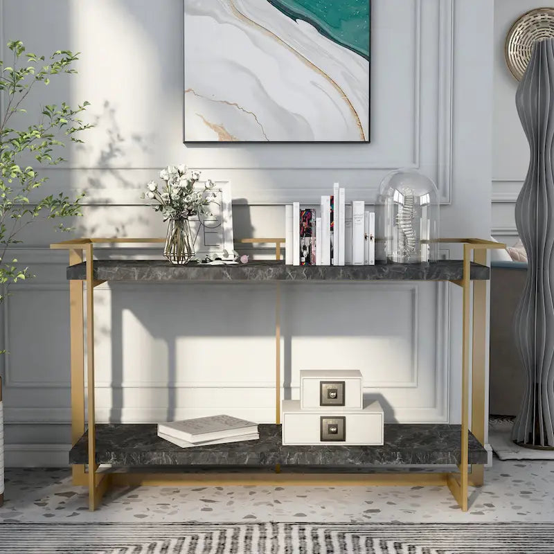 Lovell Glam Gold and Black 51-inch Faux Marble 1-Shelf Sofa Table by Furniture of America