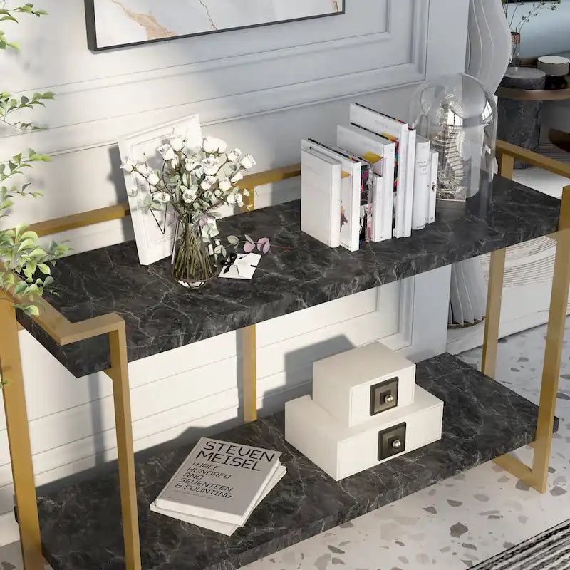 Lovell Glam Gold and Black 51-inch Faux Marble 1-Shelf Sofa Table by Furniture of America