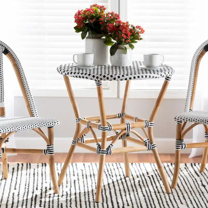 Tavor Classic French Black &White Weaving/ Natural Rattan Indoor and Outdoor Dining Table