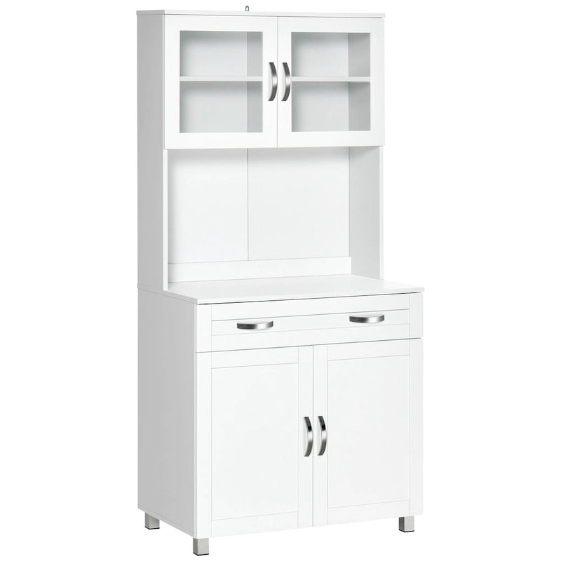 HOMCOM Modern Kitchen Pantry with Buffet Cabinet, Cupboard with Framed Glass Doors and Shelves, White