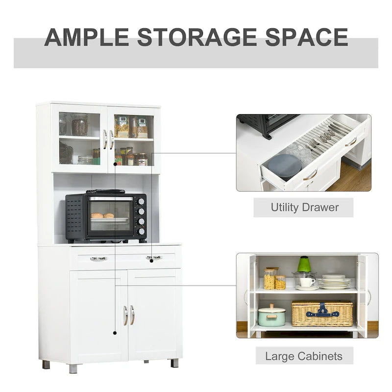 HOMCOM Modern Kitchen Pantry with Buffet Cabinet, Cupboard with Framed Glass Doors and Shelves, White