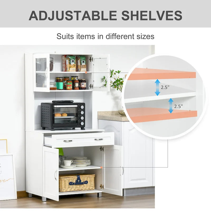 HOMCOM Modern Kitchen Pantry with Buffet Cabinet, Cupboard with Framed Glass Doors and Shelves, White