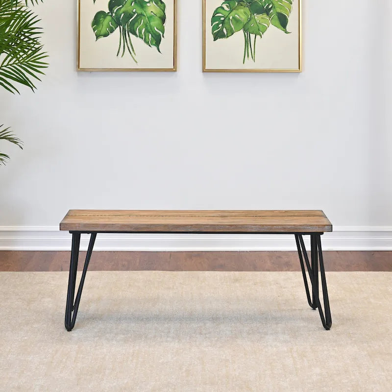 Roundhill Furniture Aryven Industrial Wood Dining Bench, Rustic Dark Pine Finish