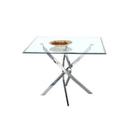 Contemporary Square Clear Dining Tempered Glass Table with Silver Finish Stainless Steel Legs