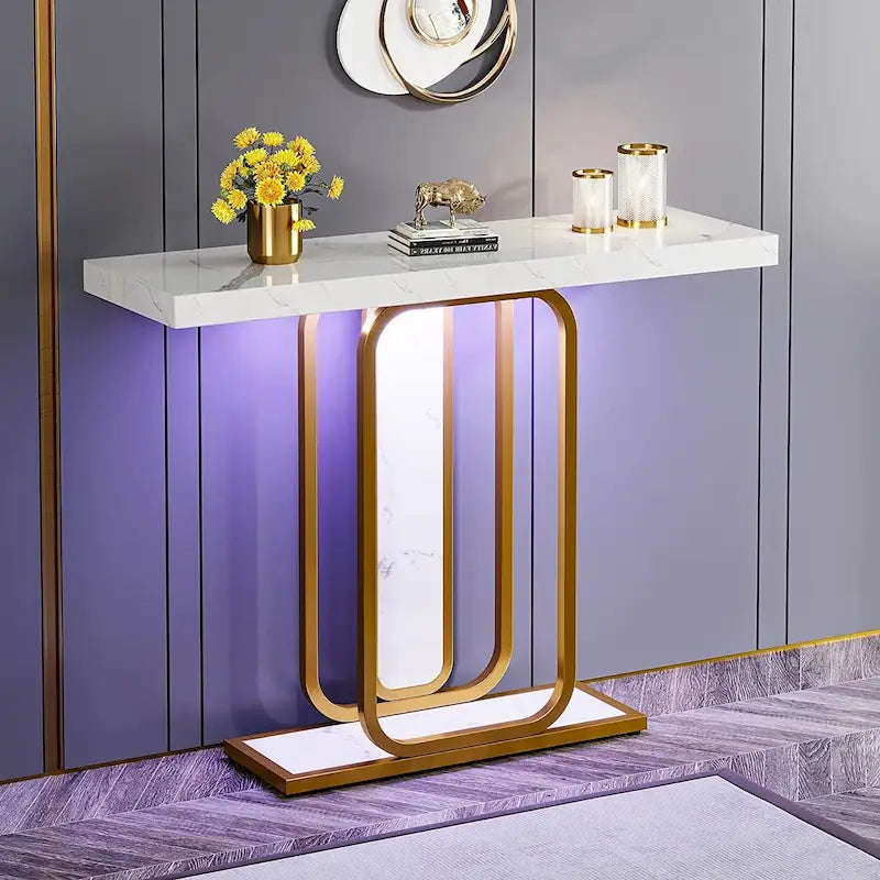 41.3  Console Table with LED Lights, Modern Gold White Entryway Hallway Accent Table